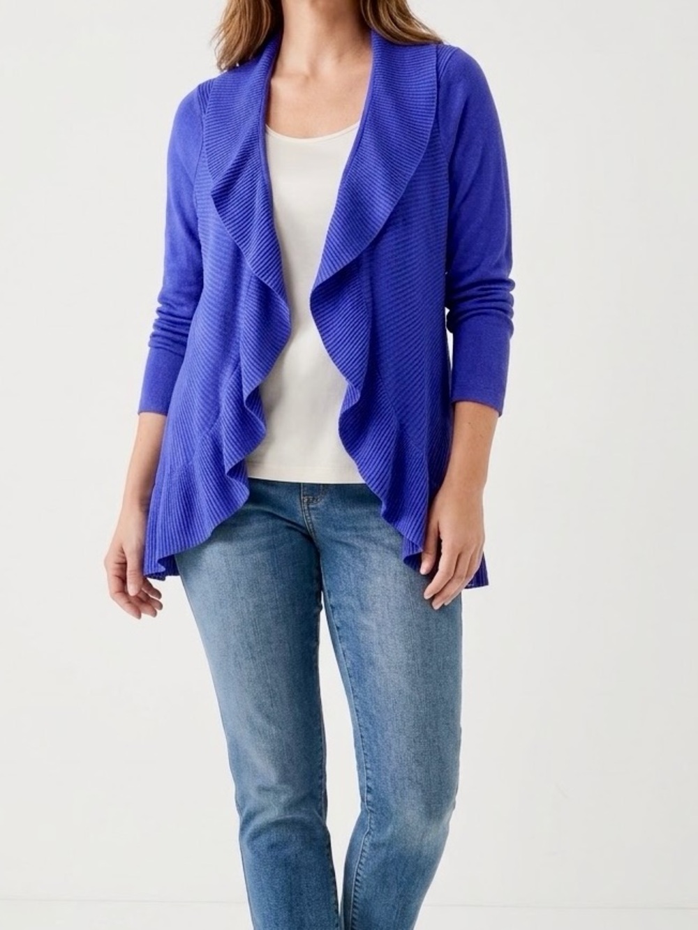 CHICO’S Ruffle Edge Purple Blue Ruffle-Front Open Cardigan Sweater — #LHP - Picture 3 of 16